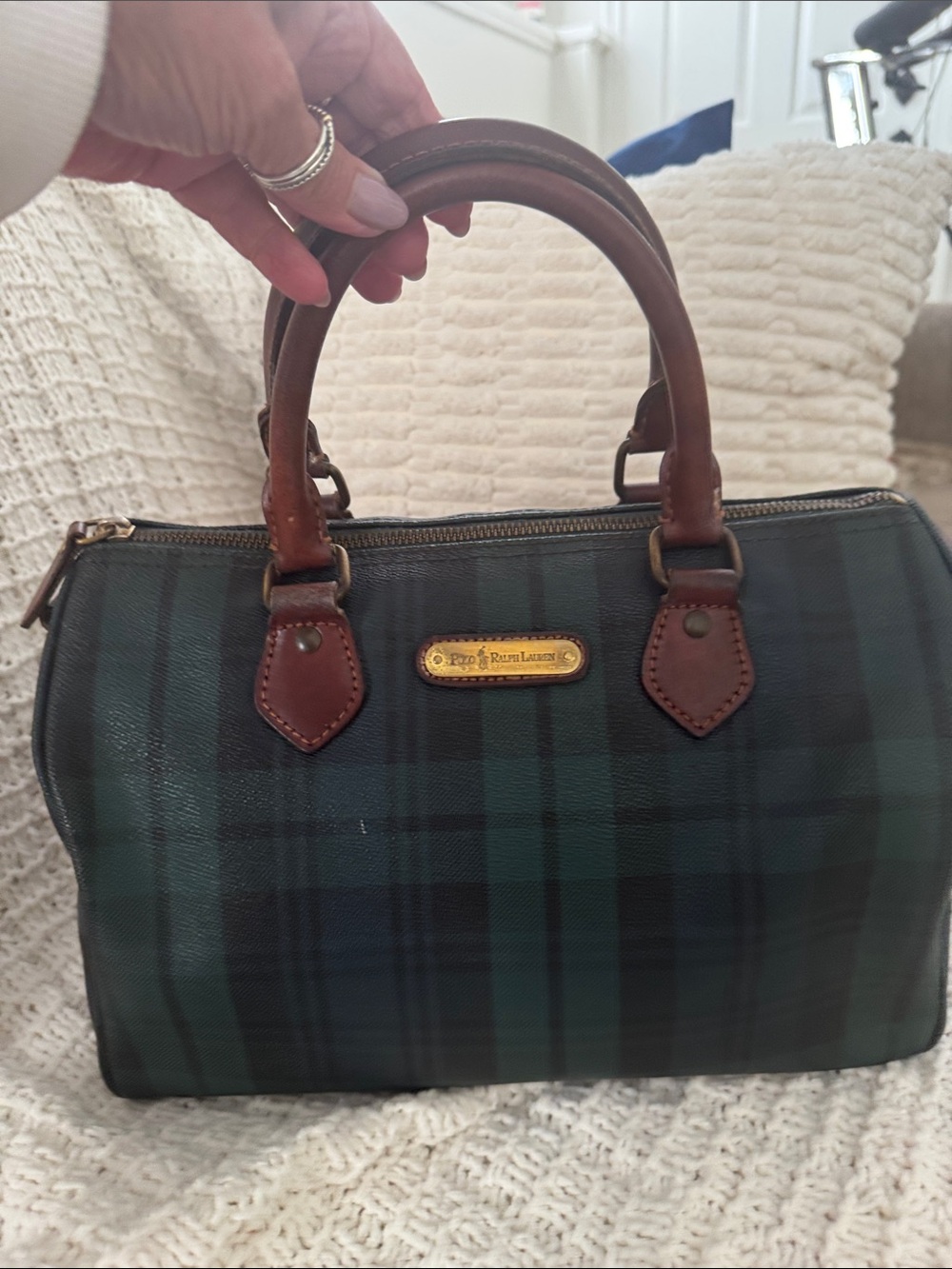 Polo by Ralph Lauren VintageGreen and Navy Plaid Satchel with Brown Leather Trim